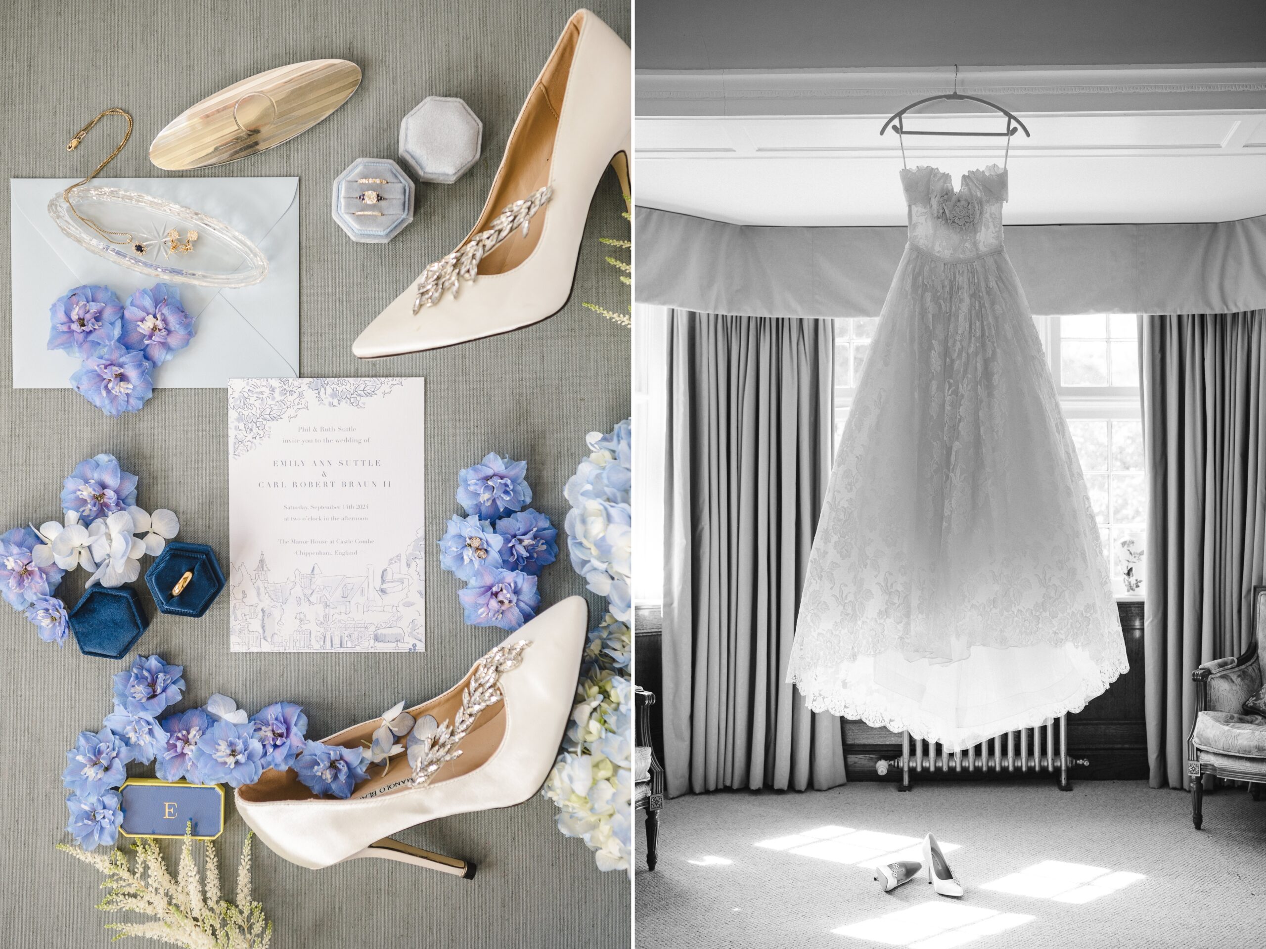 Emily's wedding dress hanging in the morning light at The Manor House, Castle Combe.